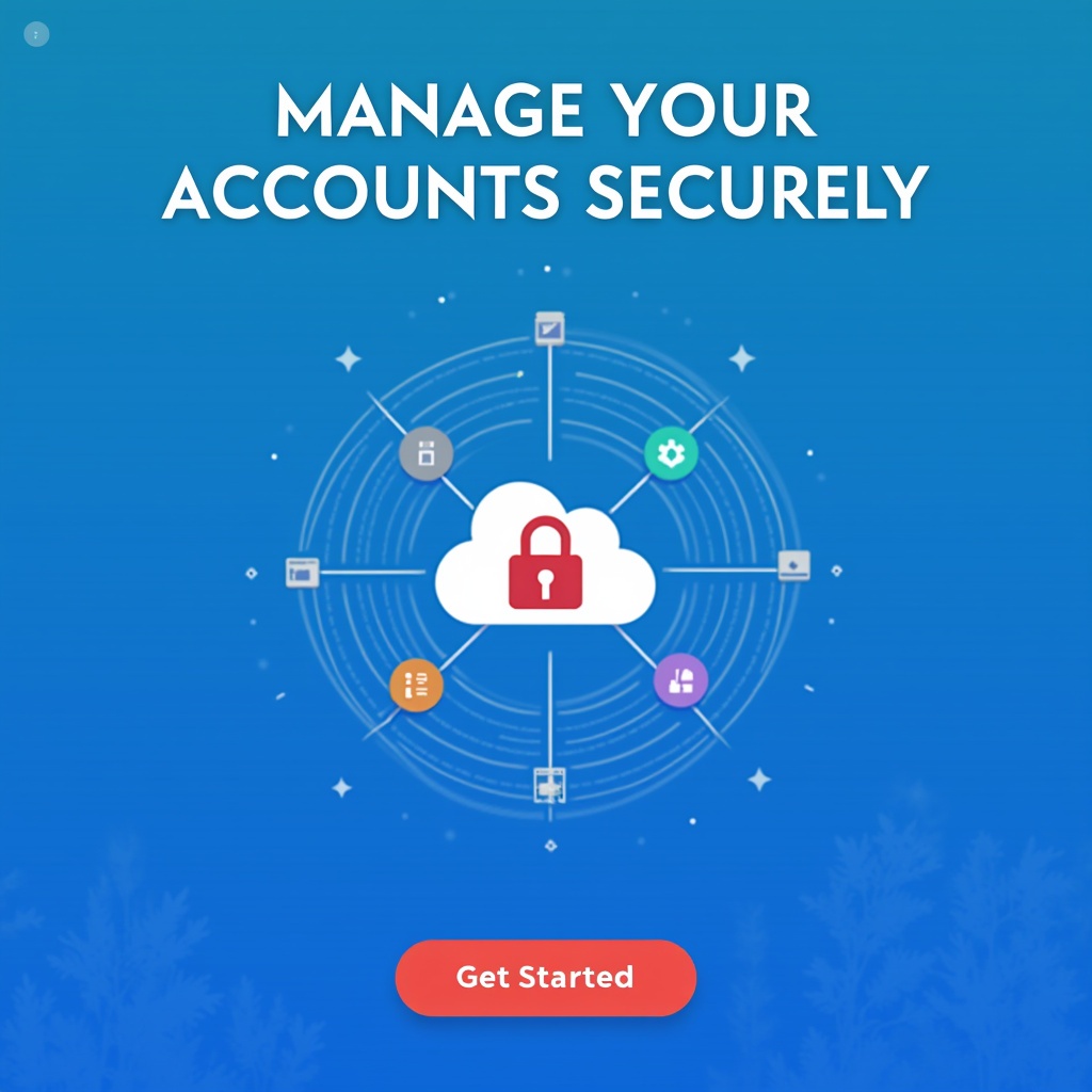 Sleek banner image with padlock and cloud icons. Gradient blue background. Tagline Manage Your Accounts Securely. Button labeled Get Started.