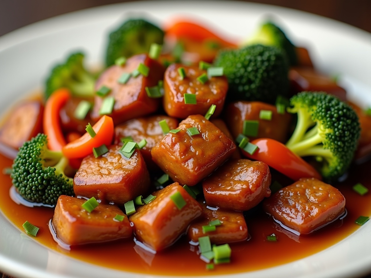 This image showcases a delicious plate of pork in Szechuan sauce, garnished with vibrant vegetables. The dish features tender cubes of pork coated in a rich, glossy sauce. Sprinkled atop are fresh green onions adding a pop of color. Broccoli and red pepper add contrast and nutritional value. The whole dish is served on a white plate, enhancing the visual appeal of the colorful ingredients.