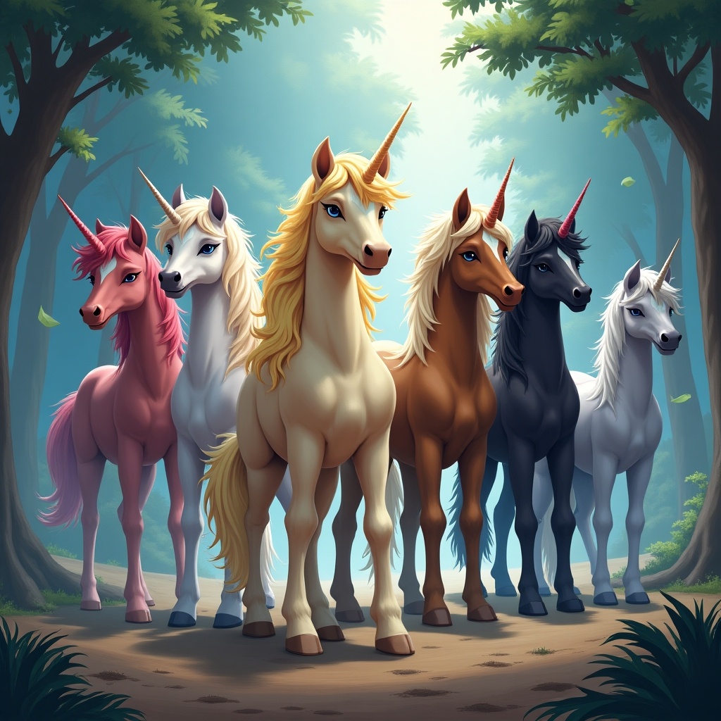 A group of six unicorns stands in a mystical forest with mystical lighting. The unicorns include a pink one, a white one, a yellow alicorn, a brown one, a black one, and a silver one. They display different expressions and are surrounded by lush greenery and a dreamy atmosphere. The scene conveys a sense of magic and adventure.