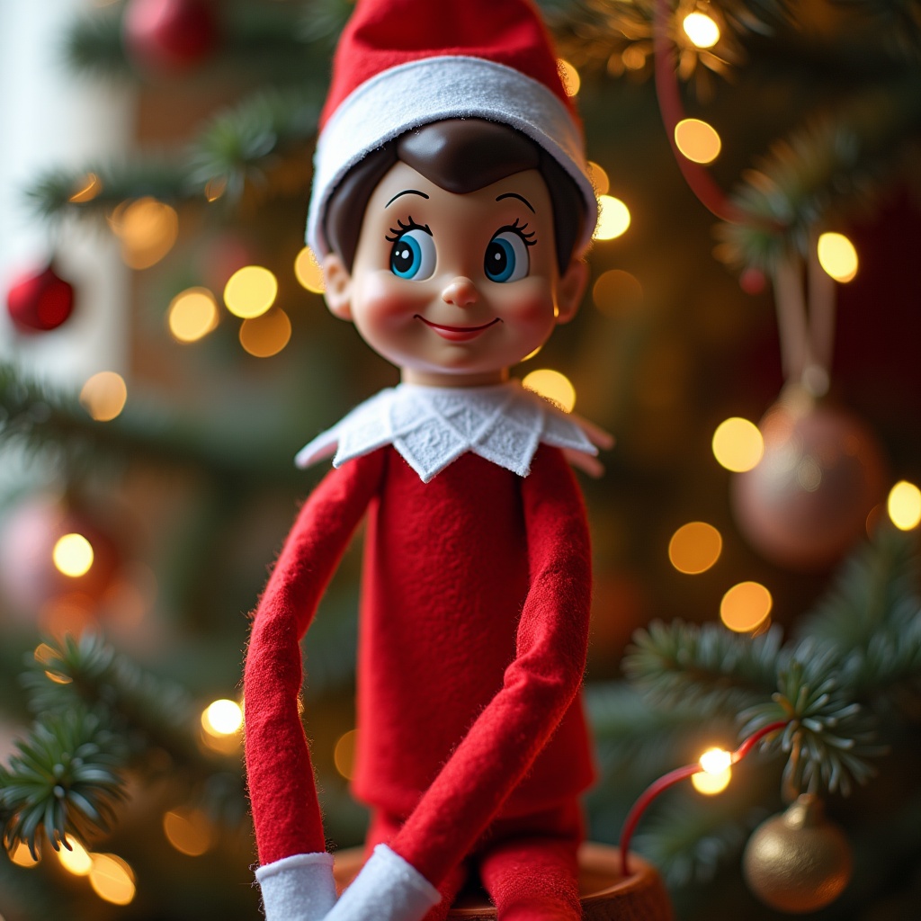 A cheerful Elf on the Shelf doll is perched on a wooden surface, smiling with big eyes. The doll is dressed in a bright red outfit with a white collar and matching hat. Behind the elf, a beautifully decorated Christmas tree adorned with lights and ornaments creates a festive backdrop. The scene is illuminated with warm, soft lighting, adding to the cozy atmosphere. This image captures the essence of holiday cheer and the joy of the Elf on the Shelf tradition, perfect for Christmas-themed content and decorations.