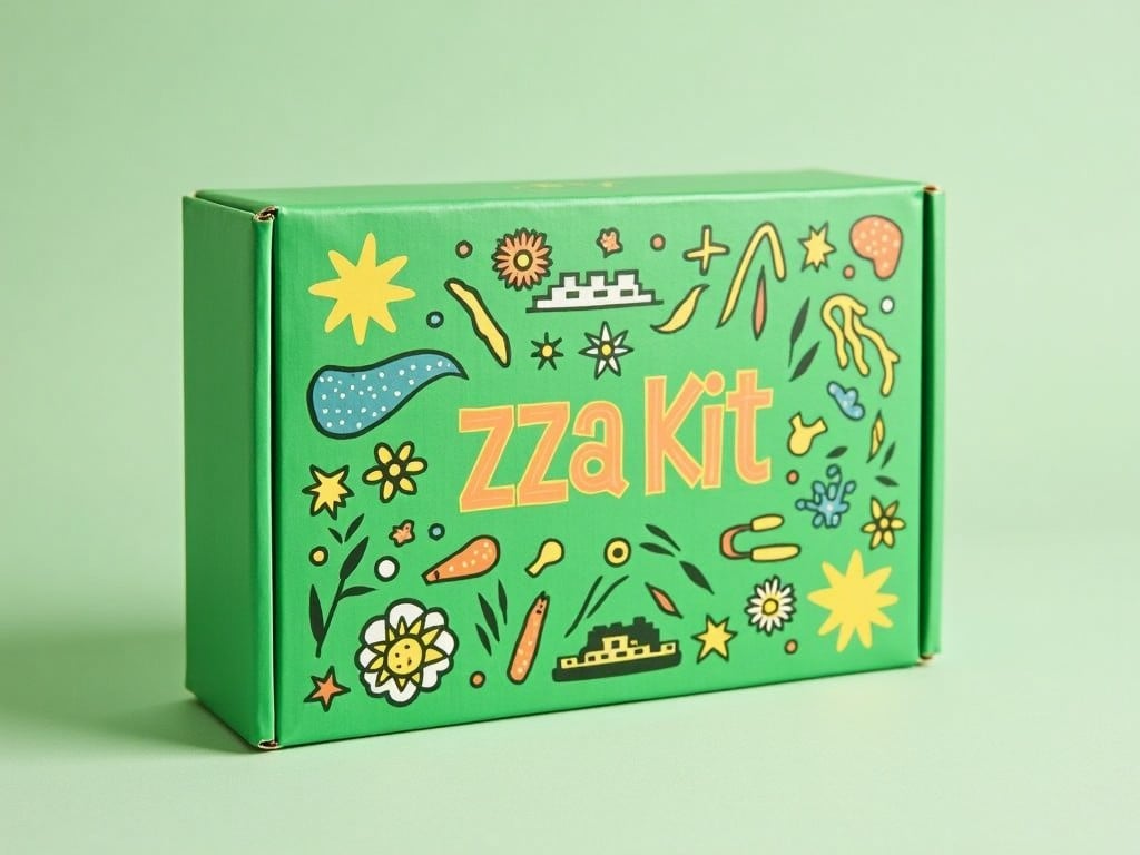 This image features a vibrant green box designed for a product called 'zza Kit'. The box is decorated with a whimsical pattern that includes various playful illustrations such as flowers, abstract shapes, and squiggly lines. The bright color and fun graphics create an inviting and cheerful appearance. It looks like a subscription box that would be used for a creative or food-related service. The design appeals to a younger audience who appreciates fun and unique packaging.