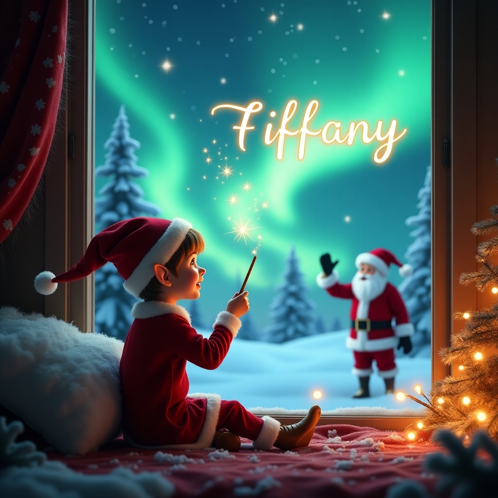 This enchanting image features a young elf sitting by a cozy window during Christmas. The elf wears a festive outfit and faces the breathtaking northern lights outside. Joyfully using a wand, the elf writes 'Tiffany' in the sky. In the background, Santa Claus appears, adding a magical element. The scene captures a peaceful winter wonderland with snow-covered trees and a glowing ambiance. This holiday-themed visual embodies the spirit of childhood wonder and festive cheer.