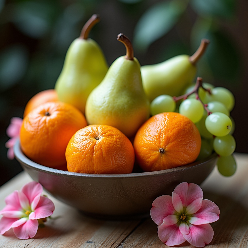 Still life arrangement of fruits in a bowl. Bowl contains oranges, pears, green grapes. Surrounding bowl are pink flowers. Fruits on wooden surface. Soft natural light illuminates the display.