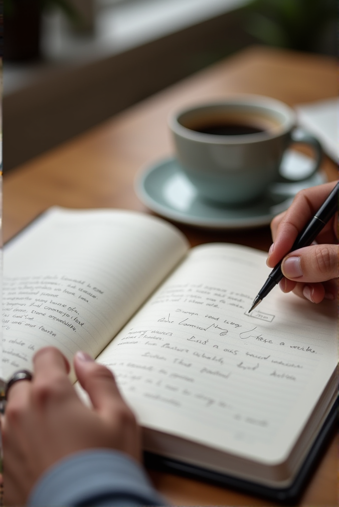 A person is writing in a journal next to a cup of coffee on a wooden table.