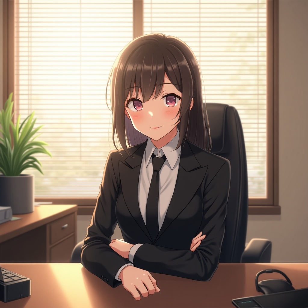 Anime-style character sitting at desk in modern office. Character wearing black suit, showing professionalism and playfulness. Warm sunlight coming through window, creating inviting atmosphere.