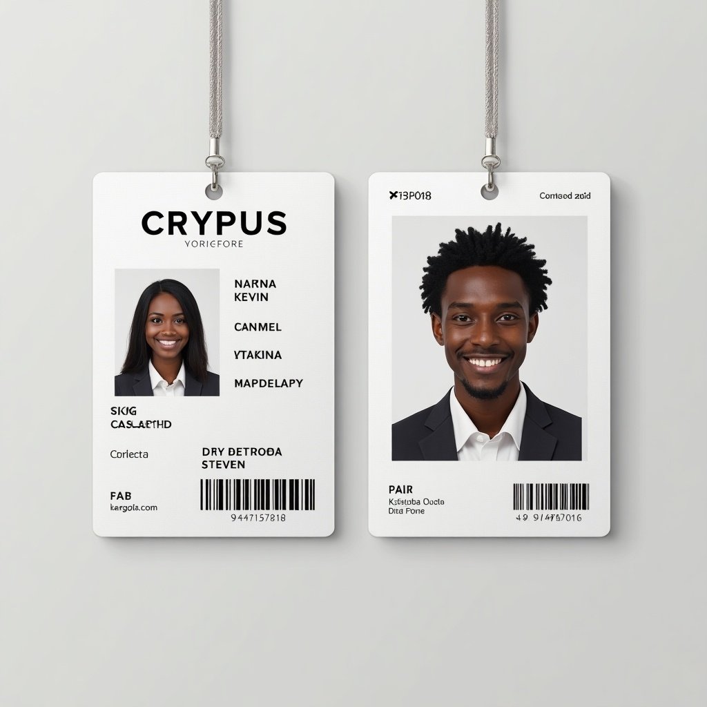 Design of crypus ID card displayed with sections for photo and identification. Names included are Kasumba, Kevin, Steven.