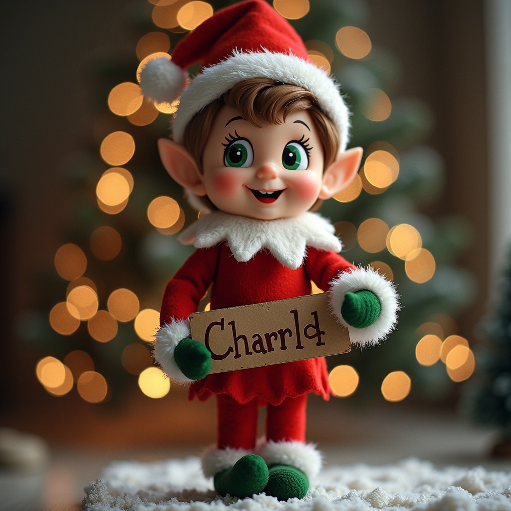 The image features a cheerful elf character dressed in a red outfit with white trim, symbolizing the Christmas spirit. The elf is joyfully holding a sign that reads 'Charrld', standing on a soft, fluffy surface. In the background, there are soft, glowing lights that create a warm, festive atmosphere. The elf has big, expressive eyes and a friendly smile that evoke feelings of joy and wonder. This scene is perfect for conveying a magical Christmas vibe, making it ideal for holiday-related projects.