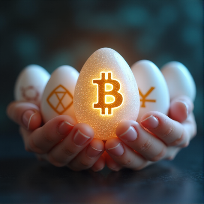 A hand holds several eggs with cryptocurrency symbols, one glowing with a Bitcoin logo.