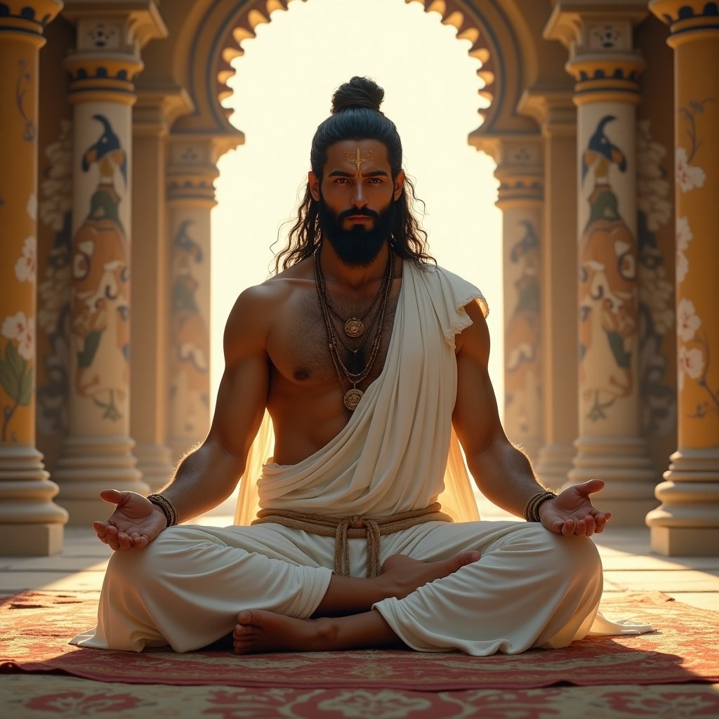 Arjuna sits in a meditative pose in a chamber. Long hair tied back, wearing simple white attire. Surrounded by wood and stone decor with heavenly murals. Soft divine aura present.