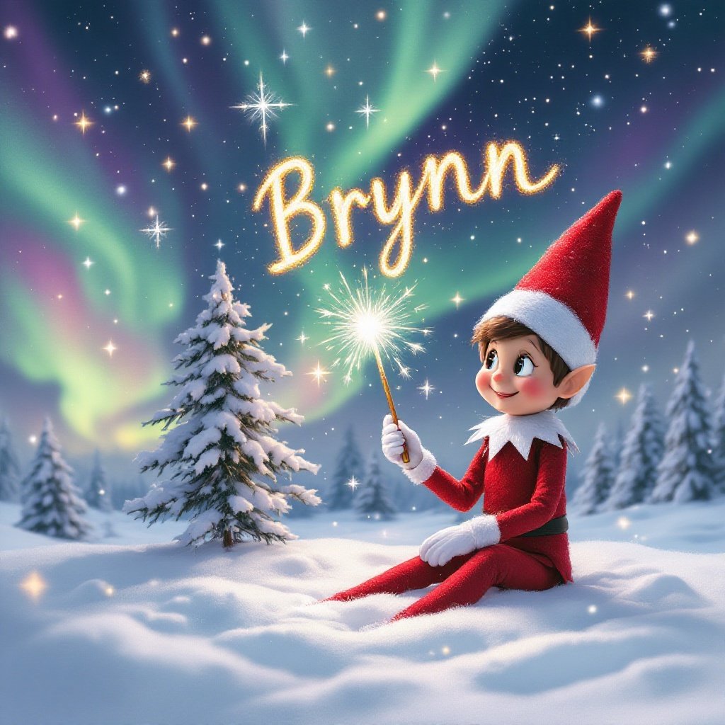 A snowy winter landscape under a starry night sky filled with vibrant northern lights in green, purple, and blue. Foreground features a cheerful Elf dressed in red and white holding a shimmering magic wand, forming sparkling letters in the sky. Soft snowflakes fall around him, creating a magical holiday moment.