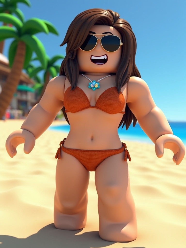 Roblox-style character in a bikini poses on a beach. Character displays a playful expression. Tropical background features palm trees and ocean waves. Character accessorized with sunglasses and jewelry.