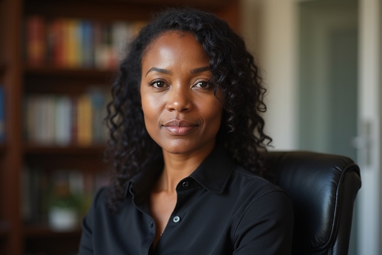 A black female secretary is seated in an office. The setting is professional with bookshelves in the background. She wears a black shirt and has curly hair. The focus is on her presence in the office environment.