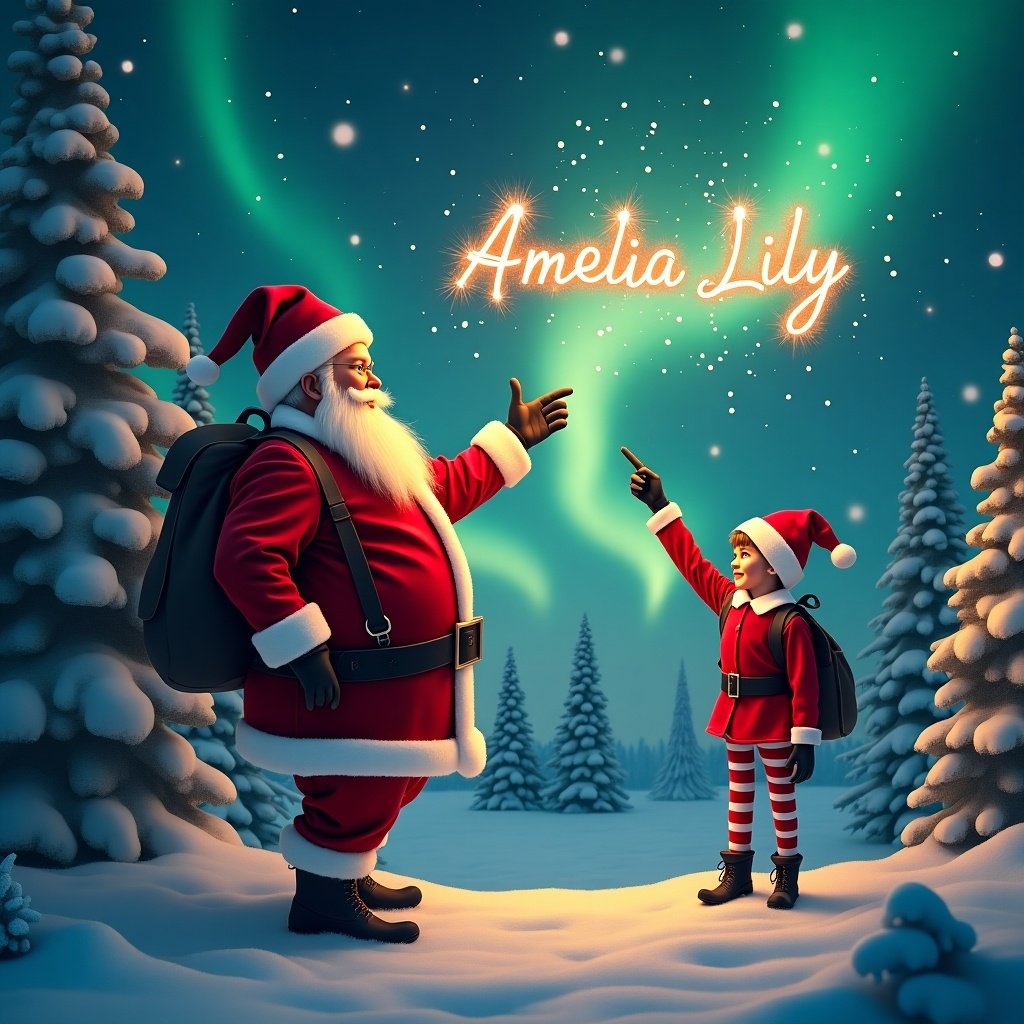 Santa at the north pole. 'Amelia Lily' written in the sky with firework sparkler script. Capture a magical moment in a winter wonderland. Santa Claus in classic red suit and hat, pointing upward as if writing in the sky. Embodies the spirit of Christmas and joy during the holiday season. Enchanting northern lights create a backdrop. Surrounded by snowy trees, enhancing festive feel. Snowflakes fall gently. Elf dressed in red and white.