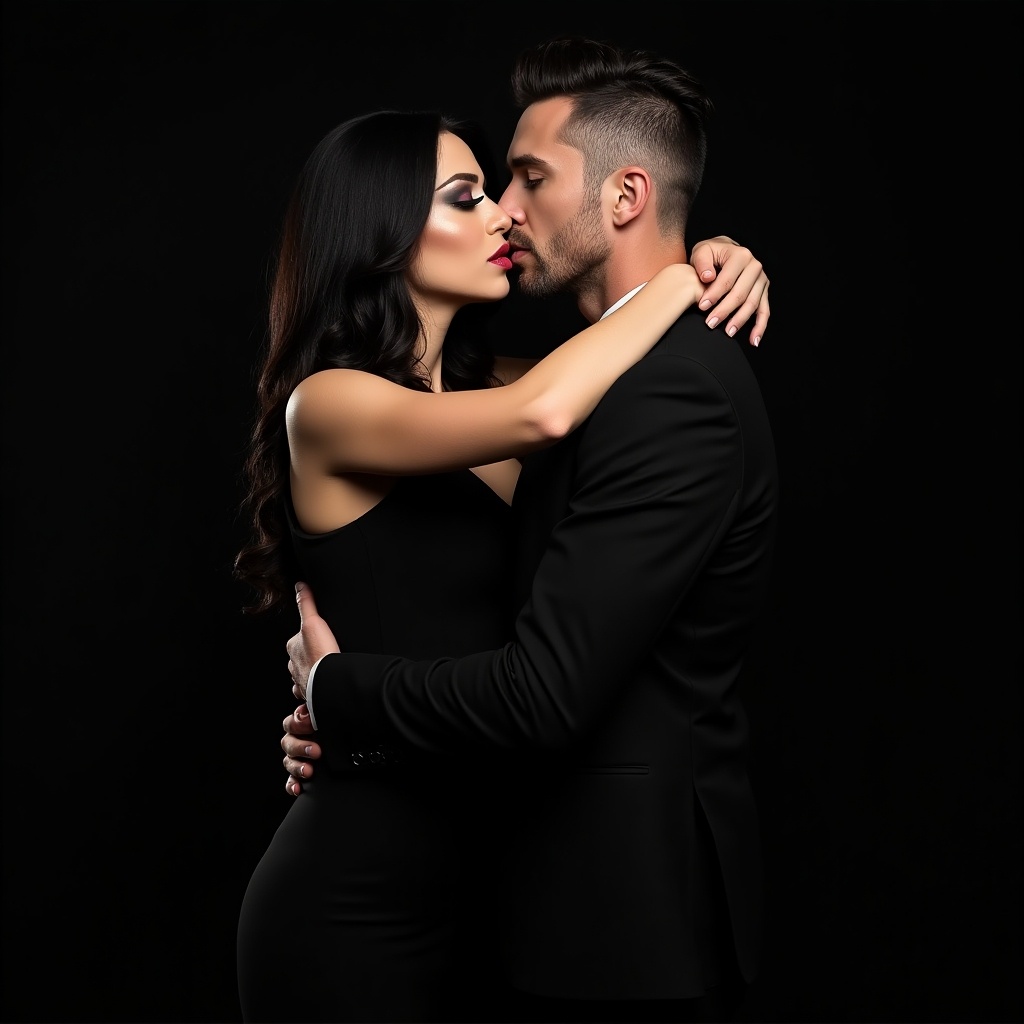 Couple dressed in elegant black clothing. Woman with long dark hair. Man has short hair. They are embracing intimately. Posed in a near-kiss position. Image with dramatic lighting and black background.