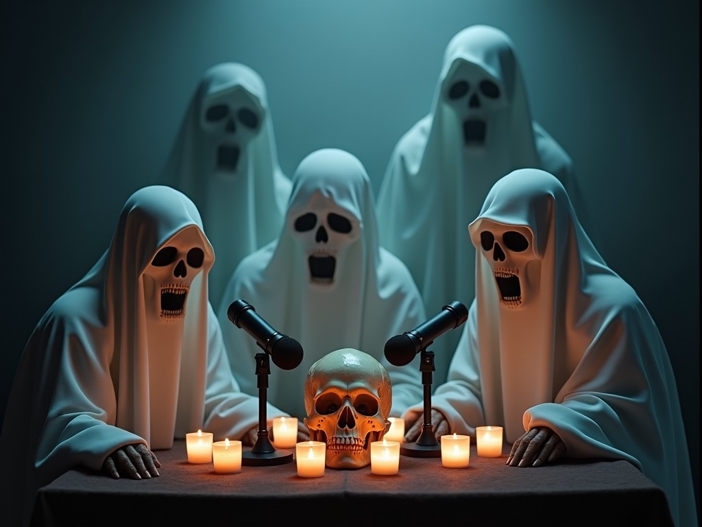 The image features a group of ghostly figures dressed in white shrouds, seated around a table. At the center is a human skull surrounded by flickering candles. Each figure has a skull mask and appears to be in a semi-circle formation, focusing on the skull. The atmosphere is eerie and mysterious, enhanced by dim lighting. The scene evokes a ritualistic or spooky gathering, ideal for a horror-themed setting.