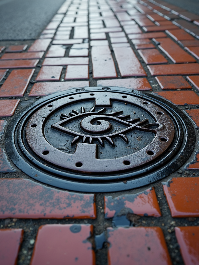 A metal manhole cover with an eye design is set among red brick pavement.