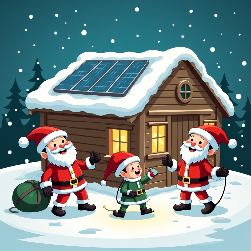 Cartoon style with elves at Santa's Workshop. Workshop has solar panels. Snowy background with trees. Elves enjoy electric toys.