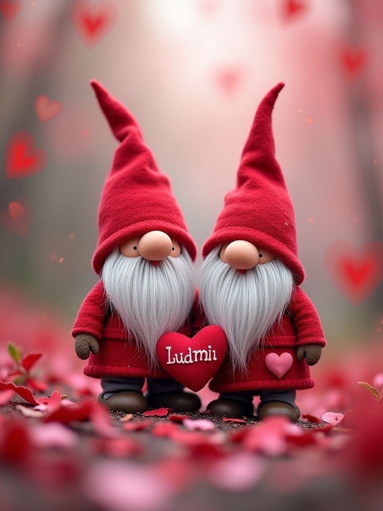 Background for Valentine's Day. Two gnomes with white beards. Each wears a red hat and cozy red outfit. They hold a heart with the name Ludmila. Romantic scenery with floating hearts.