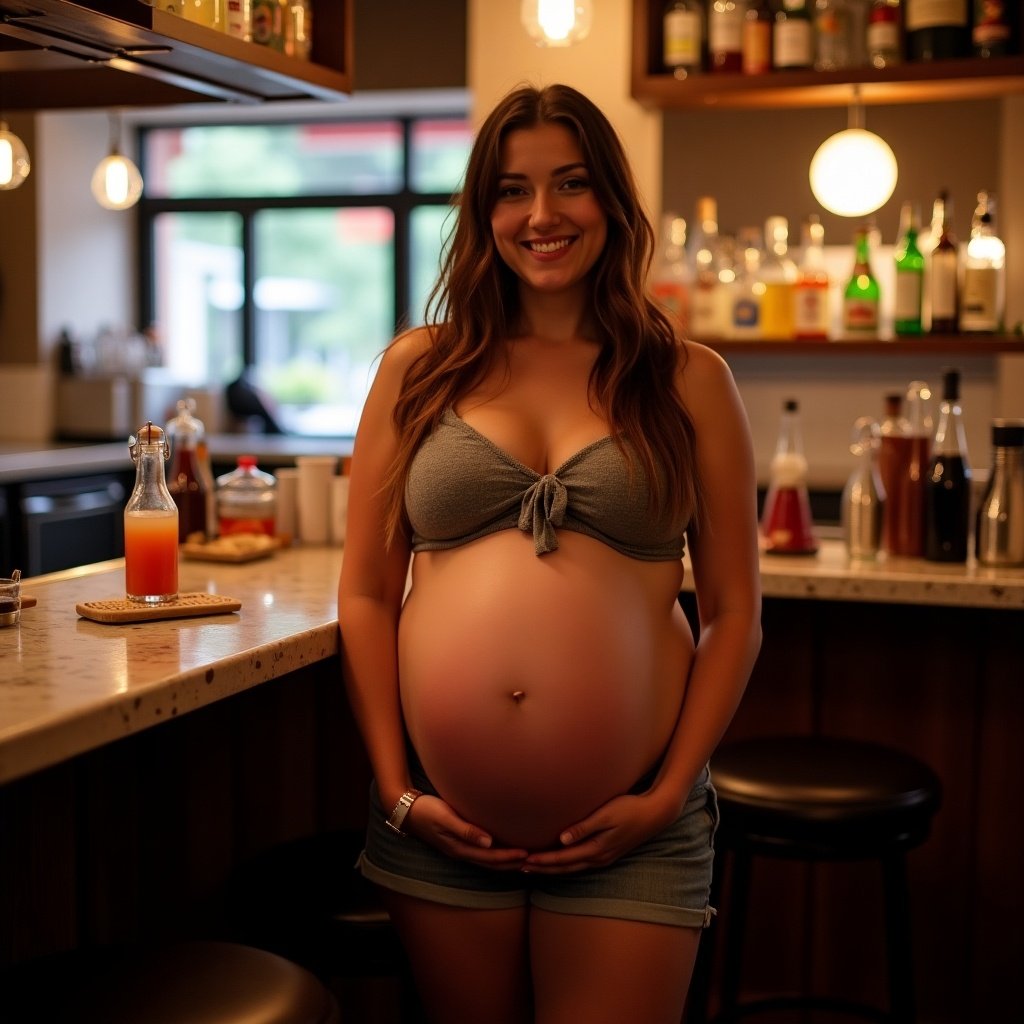 A heavily pregnant woman stands by a bar. She has a noticeably large belly and is smiling. The background features various drinks and a warm setting.