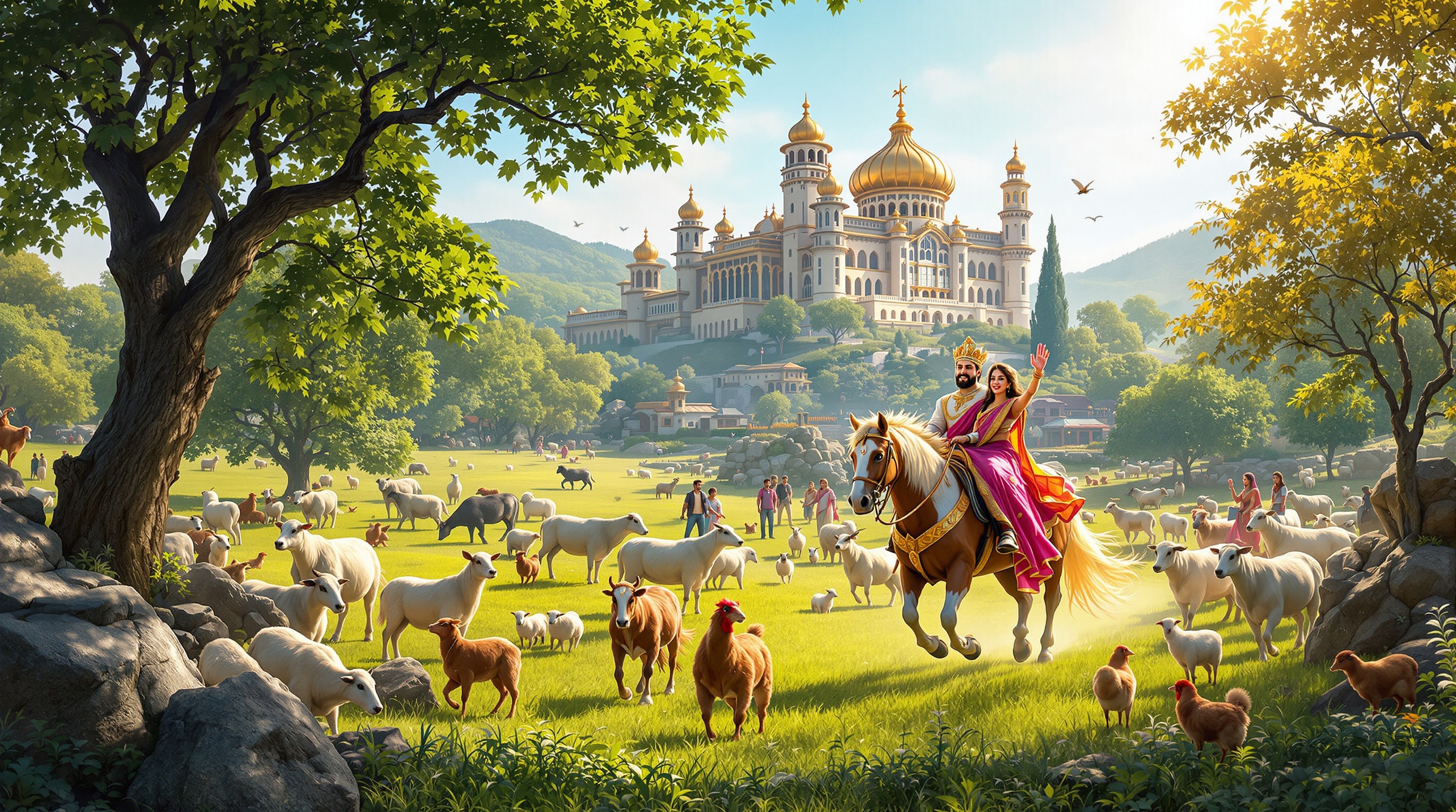 A vivid representation of Surya Garh kingdom filled with lively fauna. Healthy cows, playful sheep, energetic goats, and galloping horses populate green pastures. Farmers and children care for animals, embodying joy and relief. King Rudrasen and Queen Mriganjali ride through, engaging with villagers. The palace stands as a testament to harmony and restoration.