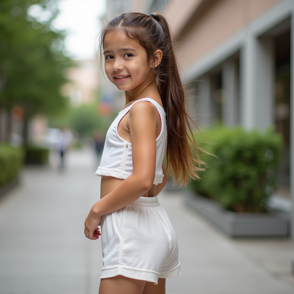 Young girl with long hair wearing a white two-piece outfit. She is standing outdoors in an urban setting and smiling softly. Background features buildings and greenery.