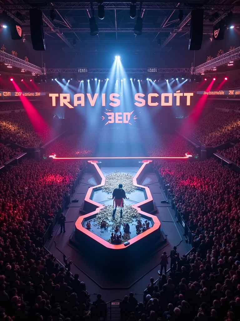 Aerial view of Travis Scott performing at Madison Square Garden during a 360 concert. Large stage design with T-shaped extension. Large audience captivated by the performance. Bright dynamic lighting enhancing the atmosphere. Exciting concert experience.