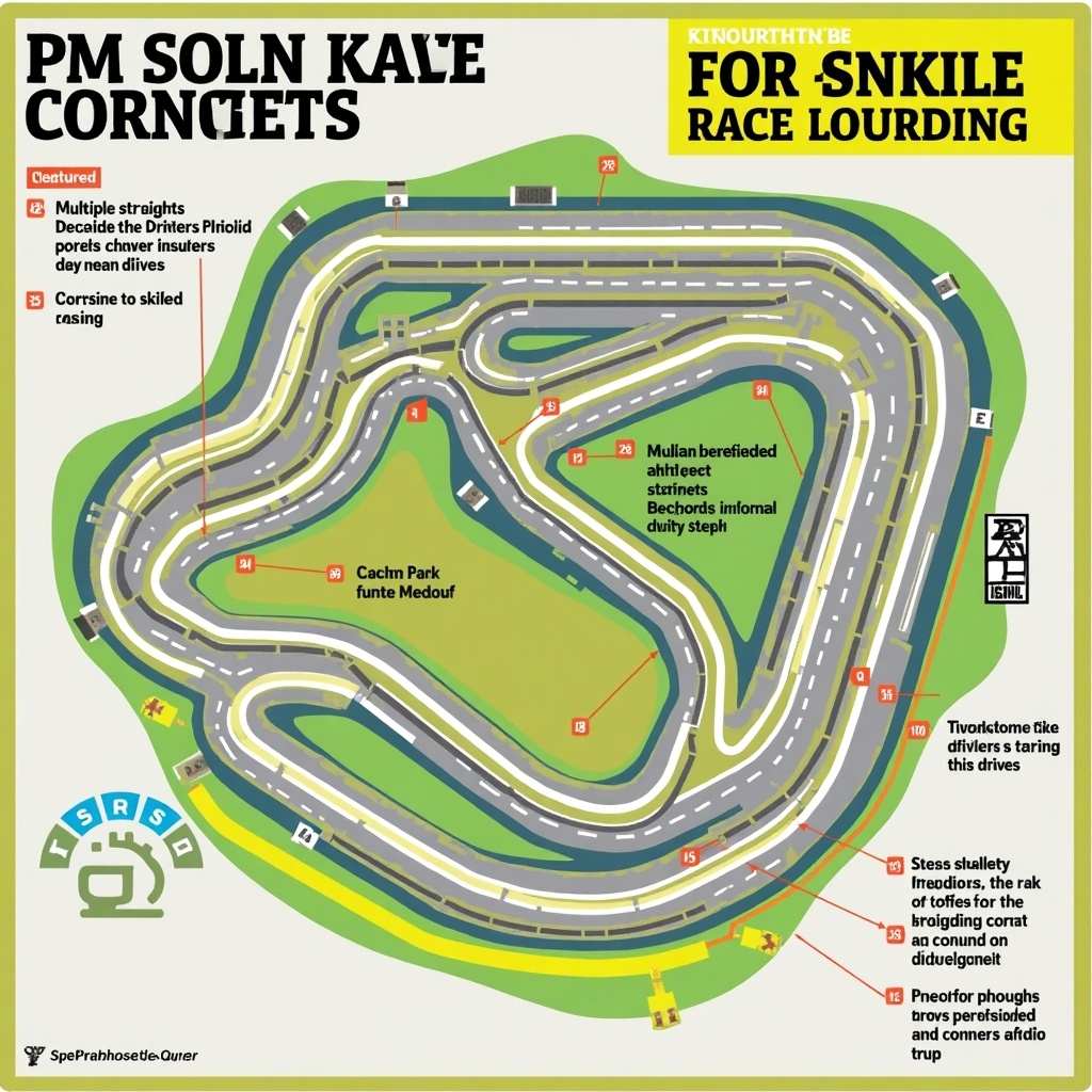 Intricate race track layout with multiple straights and corners. Features a prominent 2km main straight. Designed for skilled drivers racing anti-clockwise. Vibrant colors distinguish different track segments. Suitable for various racing events.