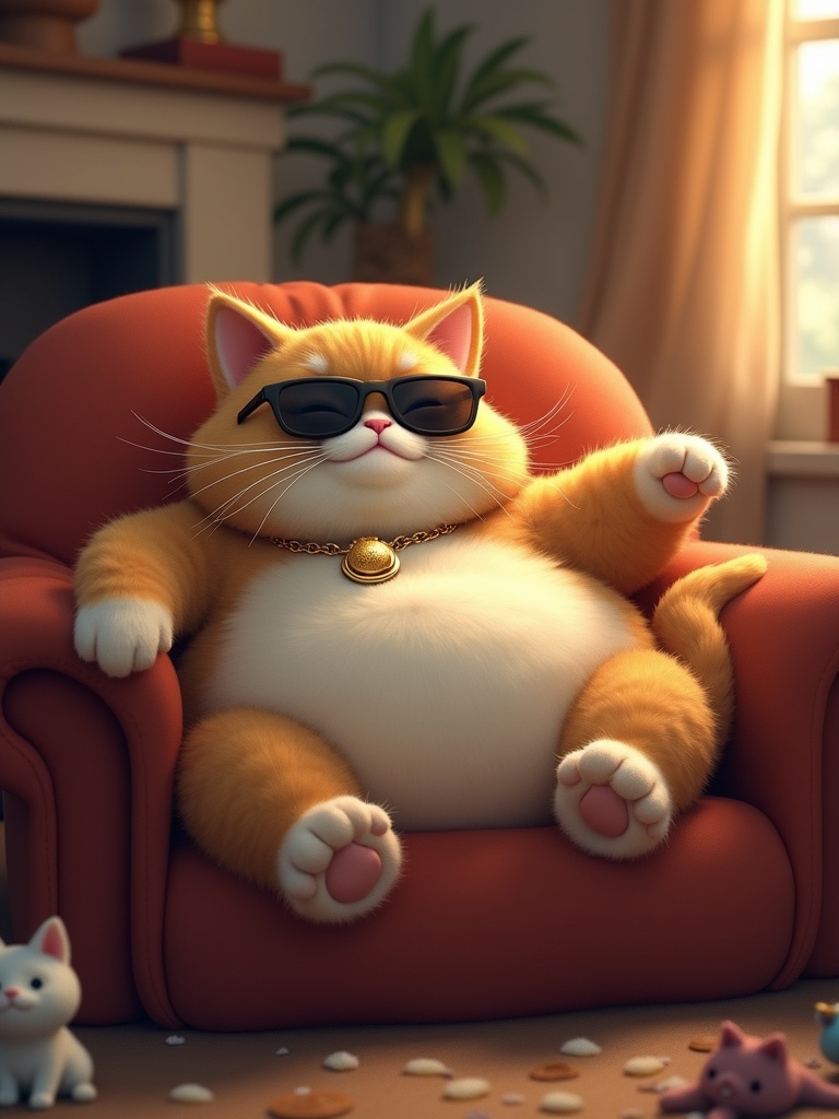 Large chubby cat lounges on a cozy couch. Fluffy fur with a round belly and short legs. Smug adorable expression with tiny sunglasses and a golden collar. Warm cozy living room background with soft lighting and scattered cat toys. Long whiskers and curled tail. Semi-realistic with cartoonish charm.