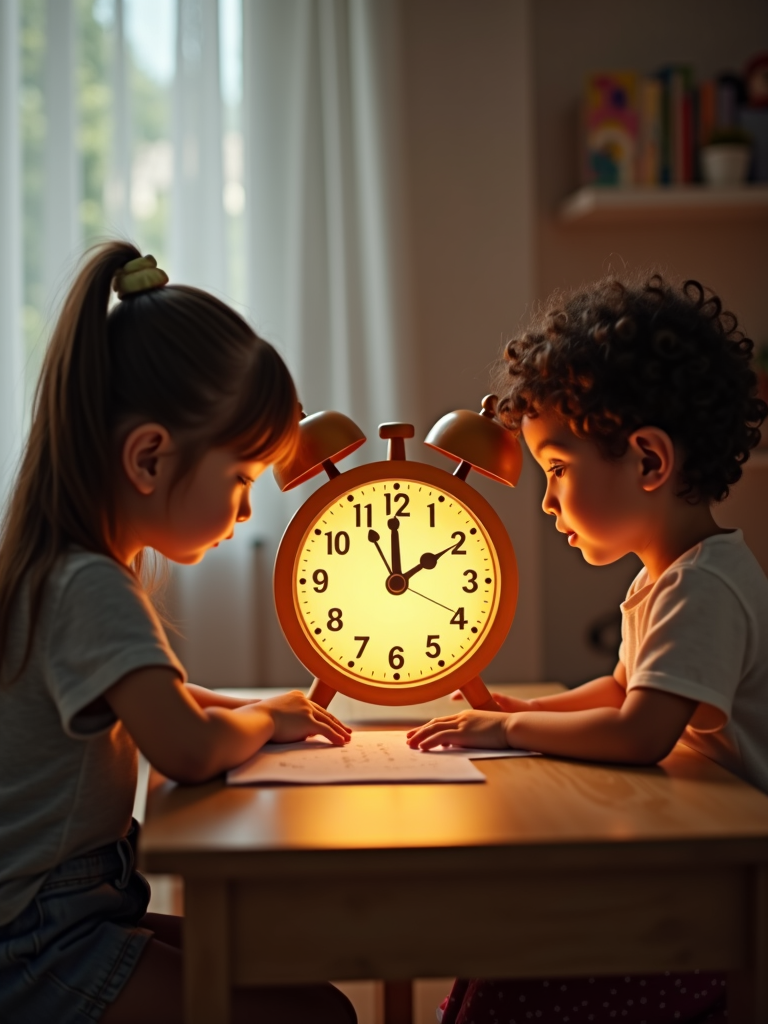 Two children focus intently on a paper illuminated by the warm glow of a large vintage alarm clock.