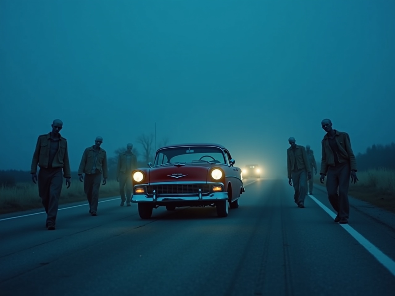 The scene is set on a deserted highway at twilight, shrouded in an eerie blue hue. A vintage red car is stopped in the middle of the road, headlights illuminating the desolate surroundings. Around the car, several zombie-like figures with pale skin and tattered clothing are walking slowly. The atmosphere is thick with fog, which adds to the ominous vibe of the scene. In the background, faint headlights of distant vehicles can be seen, hinting at life beyond this isolated encounter. The overall mood of the image feels suspenseful and dark, capturing a moment of horror.