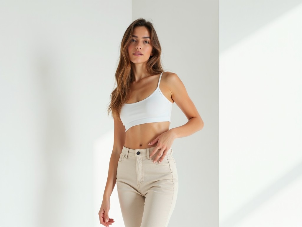 woman in white tank top and beige pants posing confidently in a softly lit minimalist space