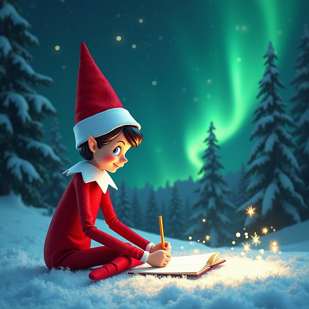 Elf character in a red outfit writing in snow. Northern lights illuminate the sky. Snowy landscape surrounds the scene. Magical and festive atmosphere created by the scenery.