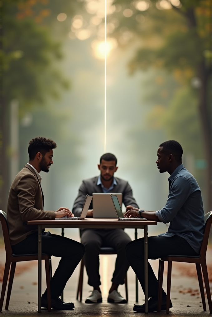 Three individuals engaging in a focused discussion around laptops, seated outdoors with a blurred forest backdrop.