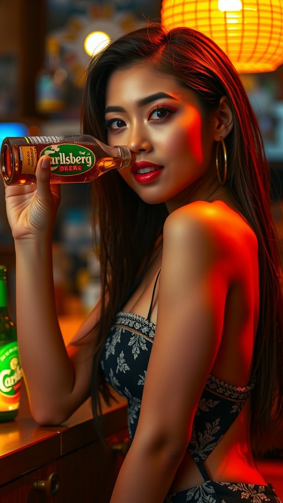 A woman holding a drink in a dimly lit bar setting.