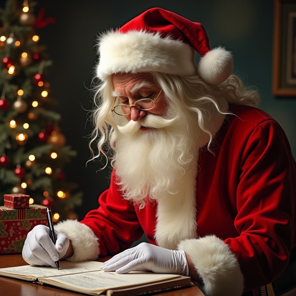 Santa writes a name on a list in a cozy setting with a Christmas tree and gifts in the background. A festive atmosphere fills the scene.