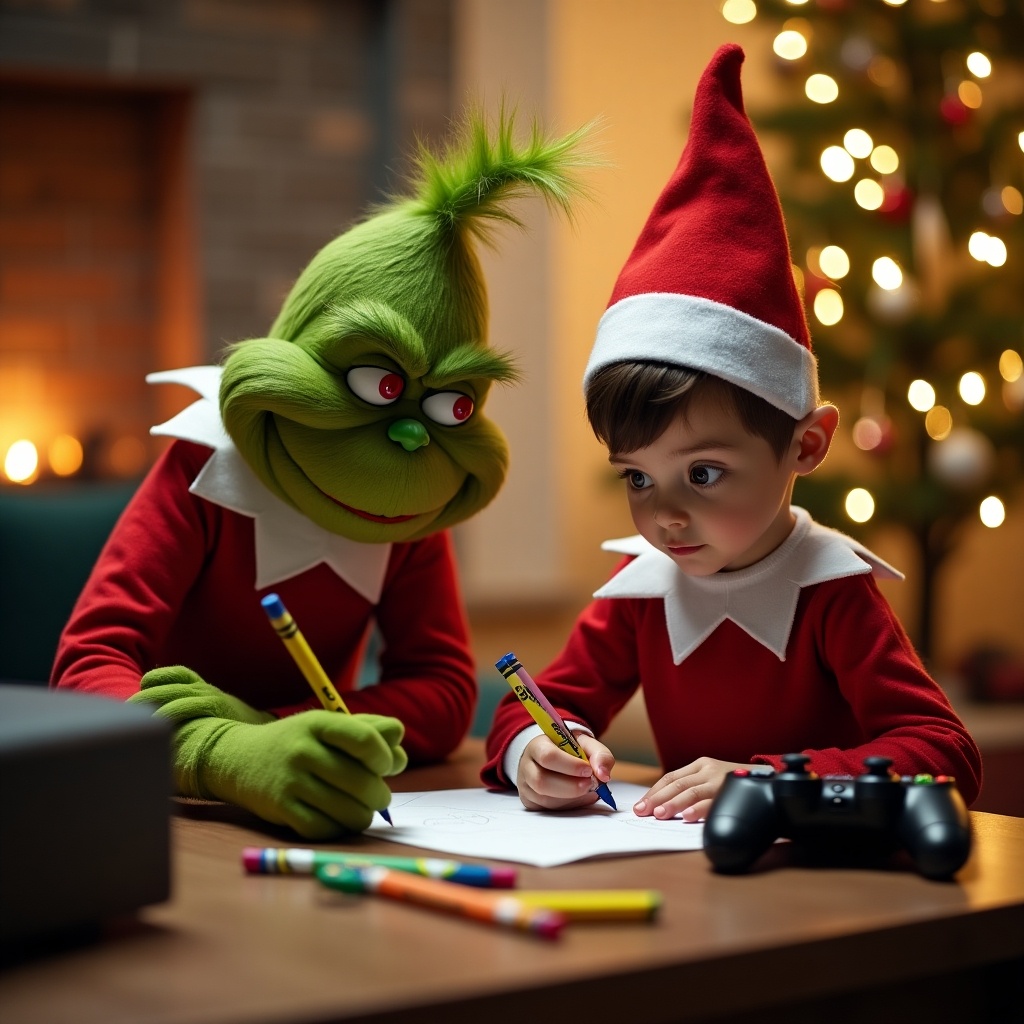 The Grinch and a boy dressed as an elf writing names with crayons at a table. Games console controller and coloring materials are present on the table. Christmas tree in background coated in soft lights.