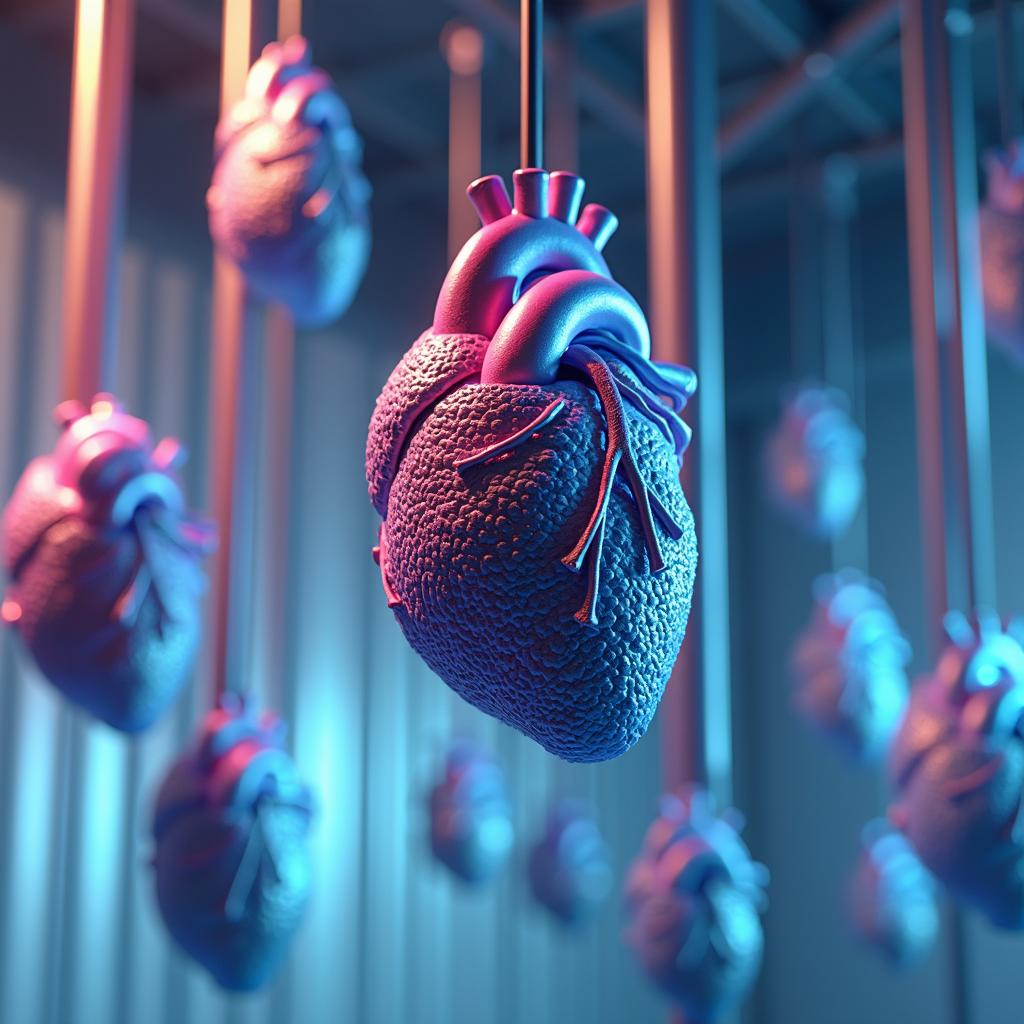 A series of realistic heart models, bathed in surreal purple and blue lighting, are suspended from the ceiling in an artistic display.