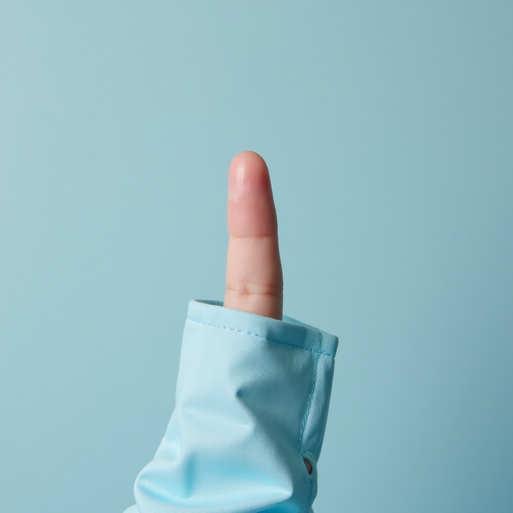 The image features a close-up view of a light blue sleeve with a small hole, through which a fingertip is visible. The background is a soft light blue, enhancing the pastel aesthetic. The finger is positioned in a casual stance, perhaps suggesting a playful or curious gesture. The fabric of the sleeve looks smooth and light, giving a fresh, modern feel. This minimalist composition draws attention to the contrast between the fabric and the skin tone of the fingertip.