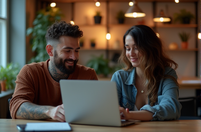 A man and woman are smiling and working together on a laptop in a warm, plant-filled space with ambient lighting.