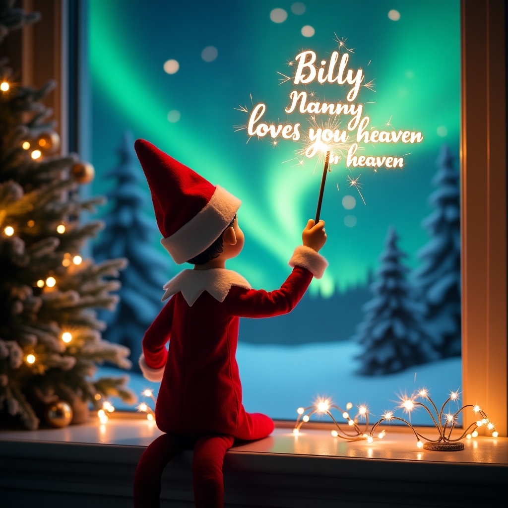 Enchanting Christmas scene with elf on the shelf. The elf dressed in red and white faces the sky. The elf wields a magic wand writing a message in sparkler script. Backdrop of vibrant northern lights creates a magical ambiance. Festive scene captures the spirit of Christmas with whimsy and wonder.