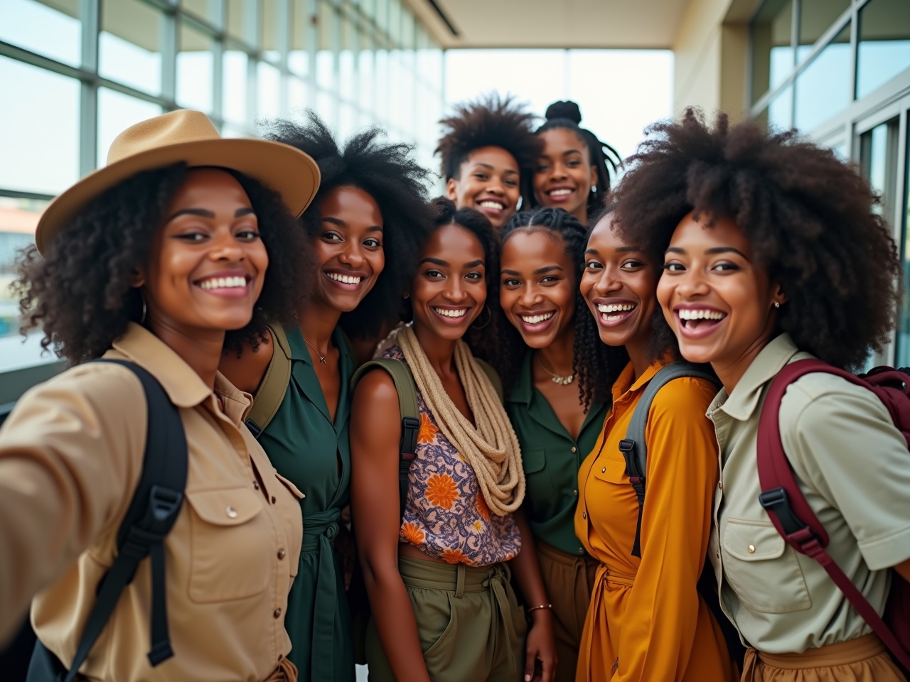 A joyful group of diverse women standing closely together, all smiling at the camera. Their hair is natural and beautiful, showcasing various styles. Each woman wears a unique outfit featuring earthy tones, with playful accessories. The backdrop is bright and open, creating an inviting atmosphere. The scene exudes a sense of friendship, community, and empowerment among the women.