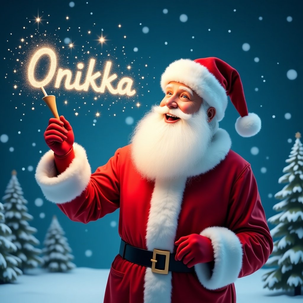 Santa Claus holds a magical wand that shines with sparkles. He wears a classic red suit with white fur trim and a matching hat. Santa writes names in the sky. Behind him is a snowy scene with evergreen trees and a starry night sky. He wrote the name Onikka in the sky.