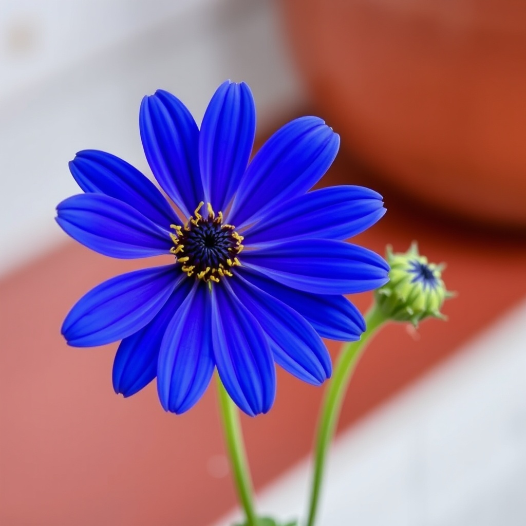 A vibrant blue daisy-like flower in full bloom with a blurred background.