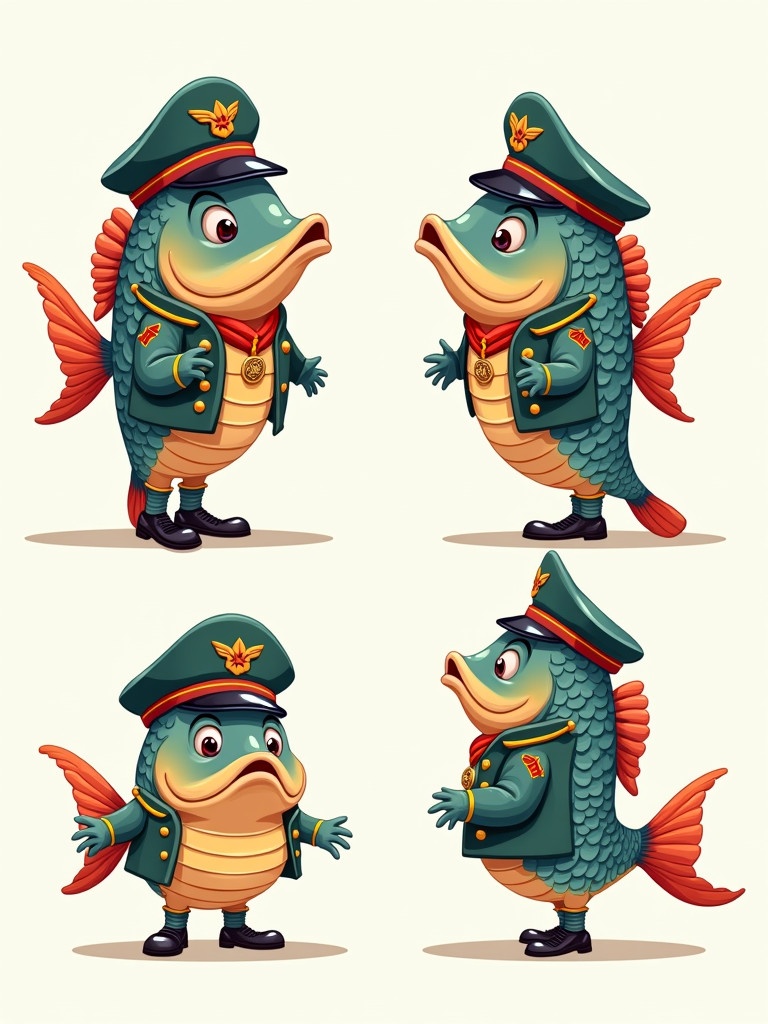 Different angles showcase a colorful cartoon fish wearing an army uniform. The fish appears serious, capturing attention and expressing character. Four varieties of poses highlighting features and details. Visual representation emphasizes playful military theme.