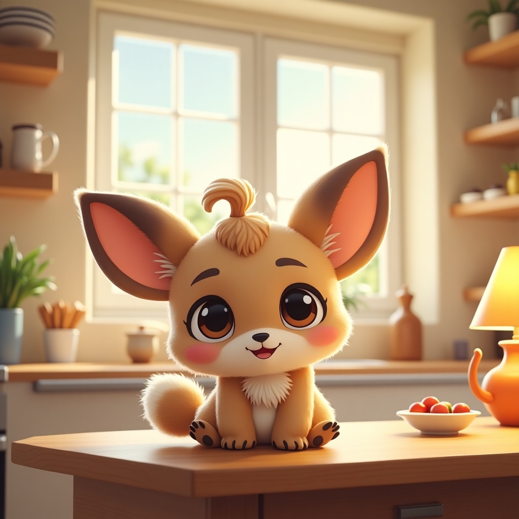 Animated cute creature with big eyes and fluffy fur. Character sits on wooden kitchen counter. Large ears and tuft of hair present. Cozy kitchen background with soft-colored walls. Warm light from lamp. Various kitchen items around, creating a homely atmosphere.