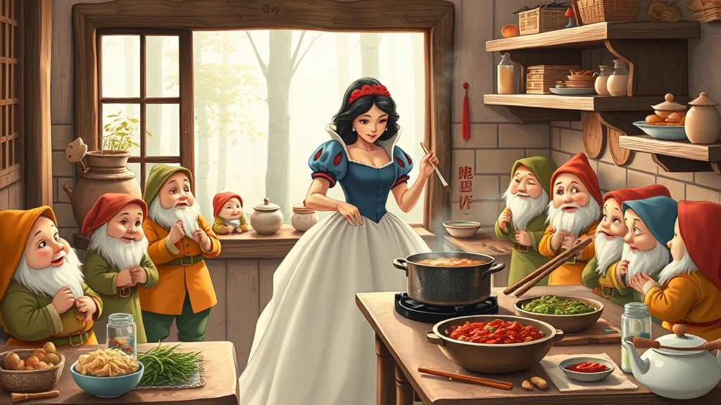 A fairy-tale scene with a princess cooking for seven dwarfs in a rustic kitchen.