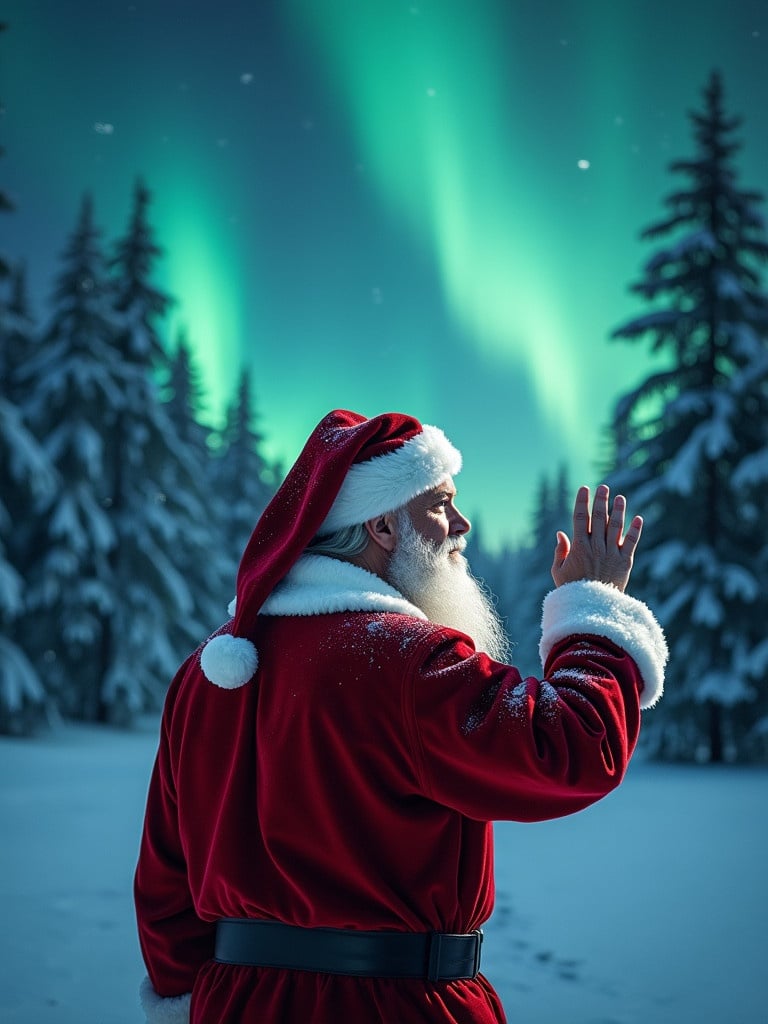 Santa stands with back toward viewer waving hand. Snow blankets ground and trees. Northern lights illuminate night sky.