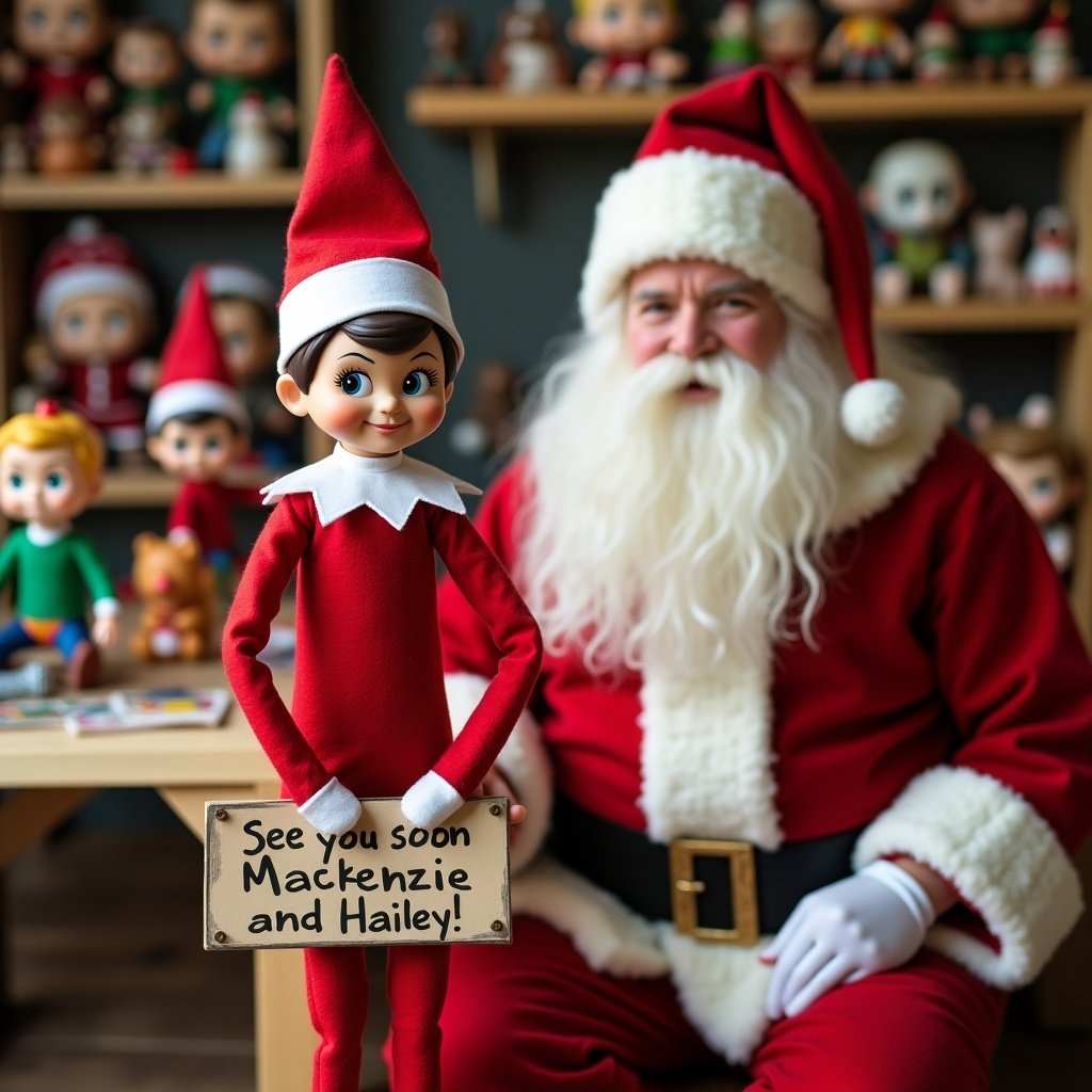 Image depicts Elf on the Shelf in red outfit with white trim holding a sign. The sign says 'See you soon Mackenzie and Hailey!' Santa Claus sitting beside the elf in a toy workshop with Funko Pops in the background.