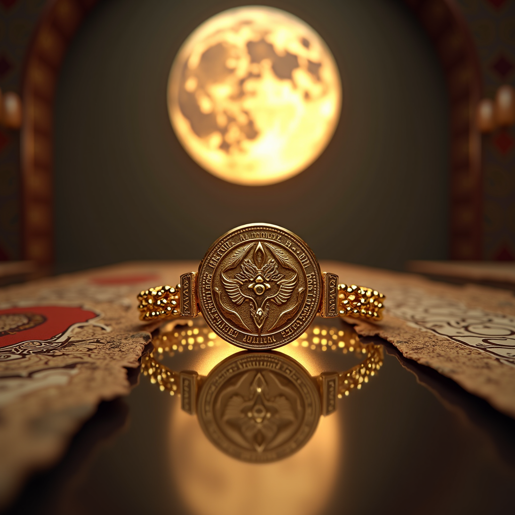 A golden, ornate medallion rests on a reflective surface, intricately adorned with mystical symbols and flanked by luxurious filigree patterns, with an illuminated moon-like orb casting a warm glow in the background and arches framing the scene.