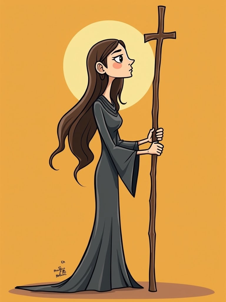 Stylized illustration of a religious mystic woman with long hair. She holds a cross. The artwork features a simplified 2D style. The background is plain yellow. The character wears a flowing gray robe. Long hair drapes elegantly. The overall tone is serene and mystical.